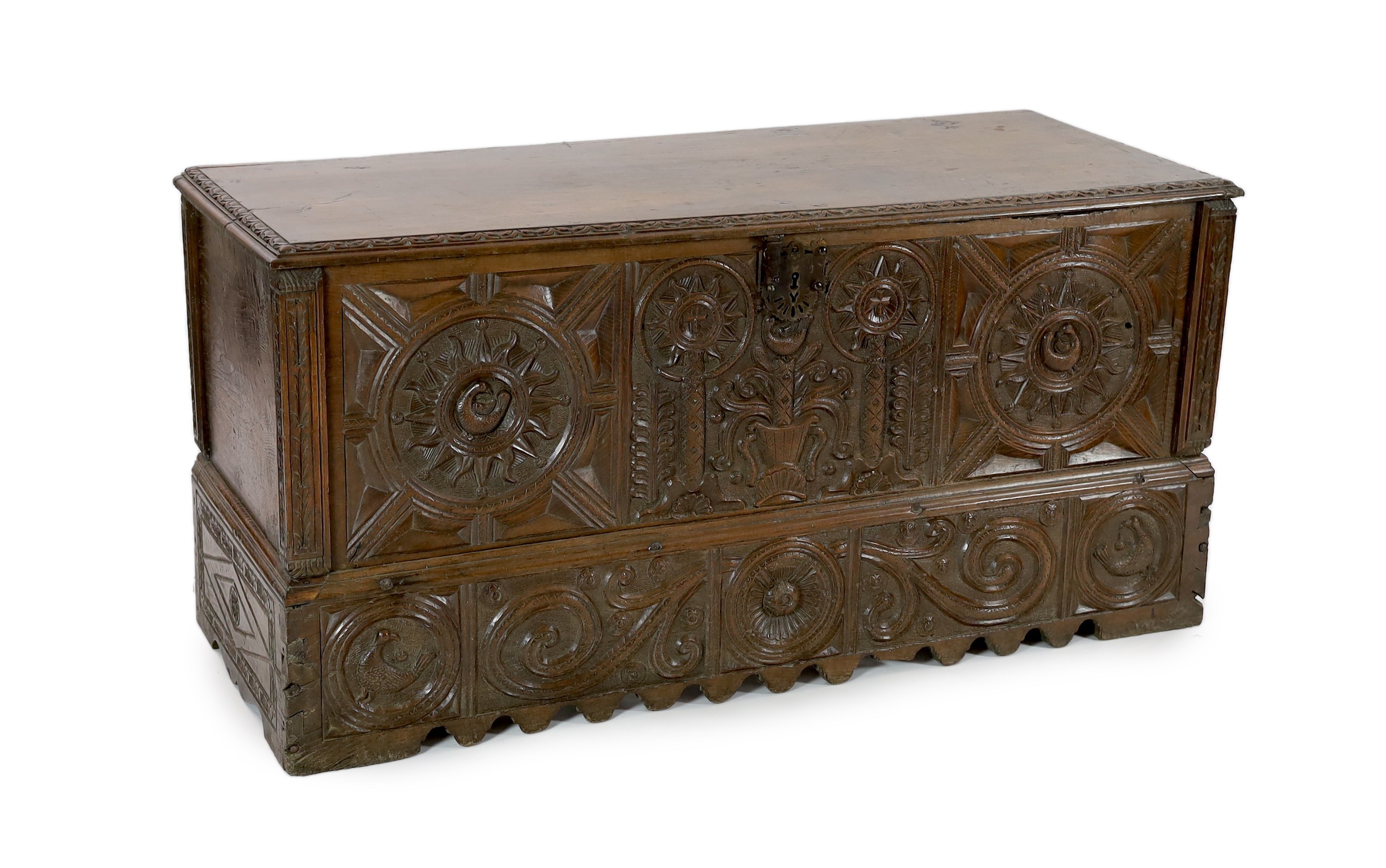 An 18th century Spanish chestnut coffer, width 158cm depth 62cm height 76cm